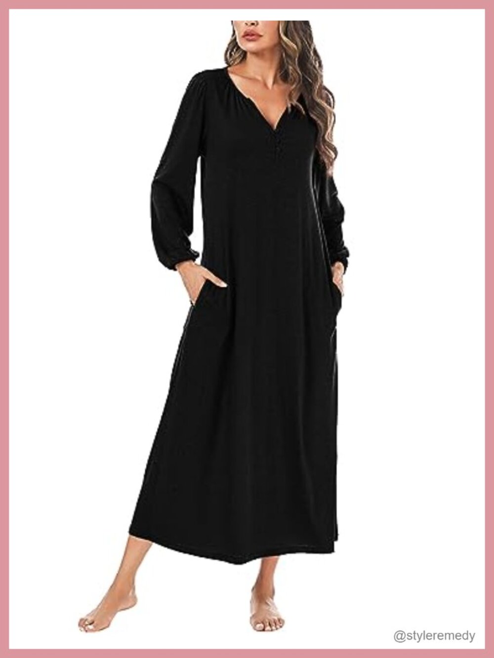 Cotton Long Sleeve Henley Nightgown Full Length Sleepshirt Pockets Loungewear